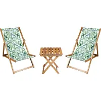 Meblośtyl 2 x Liegestuhl + Beistelltisch Strandliege Holz Sonnenliege Gartenliege Gartentisch Geölt Bananenblätter Weißer Hintergrund