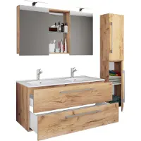 VCM 4-tlg. Doppel Waschplatz | 2x Waschtisch | Badmöbel Set mit Unterschrank, Waschbecken, Hochschrank und Spiegelschrank | Doppelwaschbecken | Komplettset Budasi SC