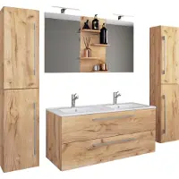 VCM 5-tlg. Doppel Waschplatz | 2x Waschtisch | Badmöbel Set mit Unterschrank, Waschbecken, 2x Hochschrank und Spiegel | Doppelwaschbecken | Komplettset Budasi SP