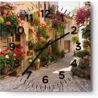 ARTTOR Wanduhr - Quadrat - Glasuhr - Blume Straße Haus - 30x30cm - Schleichendes Uhrwerk - Lautlos - zum Aufhängen bereit - Dekoration Modern - Wanddekoration aus Glas - C4AC30x30-3586