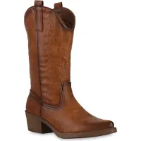 Van Hill Damen Cowboystiefel Stiefel Stickereien Schuhe 840208, Farbe: Hellbraun, Größe: 36