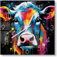 DEQORI DEQOART Glasuhr 30x30 cm Zahlen 'Kuh im Farbrausch' Wanduhr Glas Uhr Design leise Küchenuhr