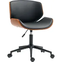 SUGIFT Schreibtischstuhl Walnuss-Optik C-Rückenlehne, Bürostuhl ohne Armlehne Mid-Century Kunstleder Schwarz, Drehstuhl | 360° | 135 kg | 54x52x84 cm