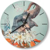 DEQORI Glasuhr Ø30 cm Modern 'Blüten umrahmen Elefant' Wanduhr Glas Uhr Design leise
