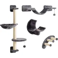 Welikera Kletterwand Katzen 4-teilig Katzen Kletterwand Set mit Hängematte, Katzenbrücke bis zu 5 kg, Dunkelgrau