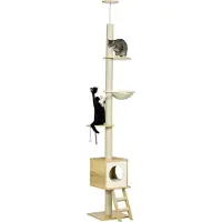 Slyrun Deckenhoher Kratzbaum mit Katzenhaus, 2 Plattformen, Hängematte und Kippschutz, hellbraun/beige, 40x40x260 cm