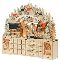Novzep Wiederverwendbarer Adventskalender mit Weihnachtsdorf, 24 Schubladen, 18 LEDs, 45 x 9 x 42,5 cm