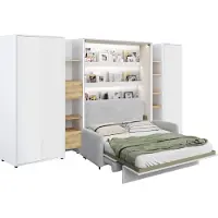 Furniture24 Schrankbett mit sofa Bed Concept 140x200 cm Lenart Led Beleuchtung Taschenfederkernmatratze Bett im Schrank Klapbett Weiß/Grau