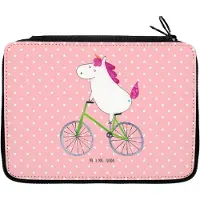 Mr. & Mrs. Panda Federmäppchen Einhorn Radfahrer - Rot Pastell - Geschenk, Schreibmappe, Konfetti, Schulmäppchen, Etui für Stifte, Bleistiftetui, Radfahren, Unicorn, Bike