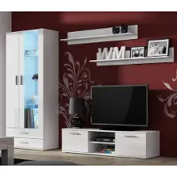 Furniture24 Wohnwand SOHO 10 mit Blauer LED Beleuchtung, Anbauwand, Wohnzimmerschrank, Schrankwand, Vitrine, Lowboard, Hängeregal Weiß/Weiß Hochglanz