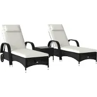 Welikera Sonnenliege Gartenliege Tisch 3er-Set Gartenmöbel, Polyrattan+Metall Schwarz+Cremeweiß