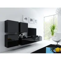 Furniture24 Wohnwand VIGO 23, Desing Mediawand, Modernes Anbauwand mit 3 Türen und 2 Klaptüren, Hängeschrank Tv Lowboard Schwarz / Schwarz Hochglanz