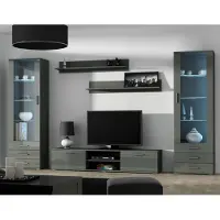 Furniture24 Wohnwand SOHO 4 mit Blauer LED Beleuchtung, Anbauwand, Wohnzimmerschrank, Schrankwand, Vitrine, Lowboard, Hängeregal Grau/Grau Hochglanz