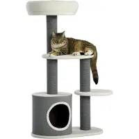 Welikera Kratzbaum mit 1 Katzenhöhle, 1 Katzenbett, 2 Plattformen, Jute-Seilspfosten, Weiß + Grau