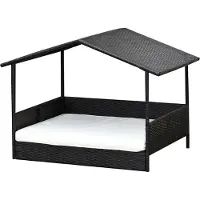 Welikera Rattan Hundeliege Outdoor mit Dach, Erhöhtes Hundebett für kleine und mittelgroße Hunde, Kühlendes Haustierliege mit Metallrahmen, Kissen für Draußen, 69 x 98 x 70 cm, Kaffee-Braun