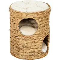 Dopwii Kratztonne, 50 cm, 2 Höhlen, Kissen, Kratzbaum mit Katzenbett, Katzenturm aus Wasserhyazinthe, Hellbraun