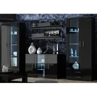 Furniture24 Wohnwand SOHO 10 mit Blauer LED Beleuchtung, Anbauwand, Wohnzimmerschrank, Schrankwand, Vitrine, Lowboard, Hängeregal Schwarz/Schwarz Hochglanz