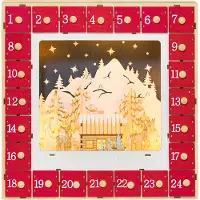 Dopwii LED Adventskalender mit Dorfszene, 24 große Schubladen, MDF, 34 x 7 x 34 cm, Rot