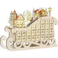 Dopwii Adventskalender zum Befüllen 24 Schubladen Fächer Weihnachtskalender mit LED-Lichtern Schlitten-Form Adventskalenderbox Weihnachtsdekoration DIY Sperrholz-Platte Naturholz 45 x 10 x 31 cm
