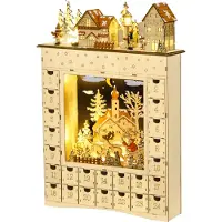 Dopwii Adventskalender zum Befüllen 24 Schubladen Fächer Weihnachtskalender mit LED-Lichtern Naturholz 36 x 9 x 52 cm
