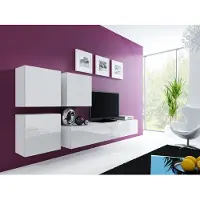 Furniture24 Wohnwand VIGO 23, Desing Mediawand, Modernes Anbauwand mit 3 Türen und 2 Klaptüren, Hängeschrank Tv Lowboard Weiß / Weiß Hochglanz
