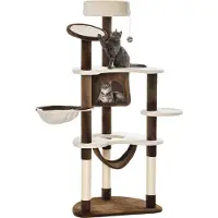 SUGIFT Kratzbaum 153 cm mit Hängematte, 2 Hängematten, Schlafhöhle, Kletterbaum Creme-Braun, Plüsch, Sisal | 65 x 50 x 153 cm | 14 kg | Spanplatte