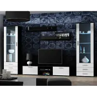 Furniture24 Wohnwand SOHO 4 mit Blauer LED Beleuchtung, Anbauwand, Wohnzimmerschrank, Schrankwand, Vitrine, Lowboard, Hängeregal Schwarz/Weiß Hochglanz