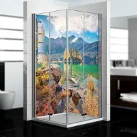 Dedeco Eck-Duschrückwände Aluminium wasserfest Motiv: Berg V7, 2 x 90x200x0,3cm, Badrückwand, Fliesenersatz fugenlos Wandverkleidung Wandpaneele, Germany