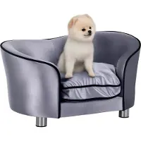 MEIYOU Hundesofa, Hundebett, mit waschbarem Sitzkissen, Pl¹schbezug, Naturholzrahmen, Hellgrau, 69 x 49 x 38 cm