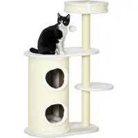 Welikera Kratzbaum mit Kratztonne, 1 Katzenbett und Katzenspielzeug, 59 cm x 35 cm x 100 cm, Cremeweiß