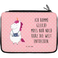 Mr. & Mrs. Panda Federmappe Einhorn Fotograf - Rot Pastell - Geschenk, Urlaub, Etui für Stifte, Kurztrip, Einhörner, Reisen, Mäppchen, Unicorn, Stifteetui, Kamera