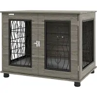 Slyrun Hundebox mit Liegekissen, bis 20kg/50cm Körperlänge, Metall, 80x56x63cm, Grau/Holzdekor