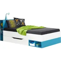 Furniture24 Bett Mit Federkernmatratze Mobi Mo18 90 X 200 Cm Kinderbett Jugendzimmerbett Mit Schublade Und Regalen Weiß/Türkis