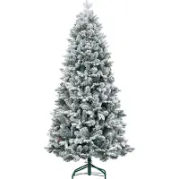 Slyrun Künstlicher Weihnachtsbaum, Kunstschnee & Tannenzapfen, realistisch, flammhemmend, Metallfuß, 183 cm, Grün