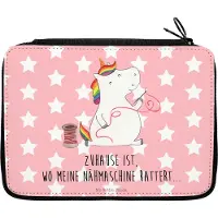 Mr. & Mrs. Panda Mäppchen Einhorn Näherin - Rot Pastell - Geschenk, Schlamper, Freundin, Schulmäppchen, Nähen, Unicorn, Stricken, Einhörner, Etui, Schlampermäppchen