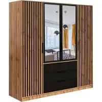 Furniture24 Kleiderschrank Bali D4 Lux Schlafzimmer 4 Türiger Drehtürenschrank 3 Schubkästen Schrank 1 Kleiderstange 5 Einlegeboden Spiegel Wotan Eiche Schwarz Lammelenschrank