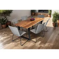 Casa Massiva 7tlg. Outdoor-Tischgruppe 180 x 90 cm Avila, Akazienholz massiv & geölt, Esstisch mit U-Gestell schwarz lackiert, echte Baumkante, viergeteilte 26mm Platte + 6X Seilstuhl ISRA in Grau