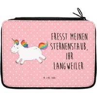 Mr. & Mrs. Panda Etui Einhorn Happy - Rot Pastell - Geschenk, Unicorn, Mäppchen, Bleistiftetui, Schlamper, Spaß, Schüleretui, Schreibmappe, Fröhlich, Federmäppchen