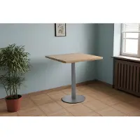 Casa Massiva Bistrotisch Joan | 70 x 70 cm eckig | Holz | Farbe: Eiche | Gerade Kante | silbernes rundes Säulengestell aus Metall | Säulentisch/Esstisch für Küche, Café & Essbereich