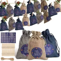 Zimtky Jopassy 24 Adventskalender zum Befüllen, Adventskalender Stoffbeutel Säckchen mit 1-24 Sackleinen Taschen Jutesäckchen,Blau /weiß /grau