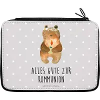 Mr. & Mrs. Panda Federmappe Bär Kommunion - Grau Pastell - Geschenk, Mäppchen, Teddy, Federmäppchen, Schulmäppchen, Taufkerze, Bleistiftetui, Gottes Segen, Federtasche