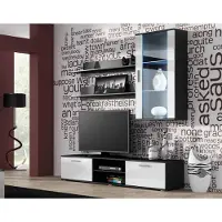 Furniture24 Wohnwand SOHO 5 mit Blauer LED Beleuchtung, Anbauwand, Wohnzimmerschrank, Schrankwand, Vitrine, Lowboard, HängeregalGrau/Weiß Hochglanz