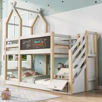 Sweiko Etagenbett 90×200, Kinderbett Baumhaus Design inkl.Tafel, mit Speicherung und Rausfallschutz, Hochbett für Kinder– 2x Lattenrost- Natur & Weiß(Ohne Matratze)