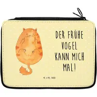 Mr. & Mrs. Panda Federtasche Katze Frühaufsteher - Gelb Pastell - Geschenk, Etui, Mäppchen, Tiger, Katzen, Stiftemappe, Schlampermäppchen, Miau, Genervt, Verschlafen