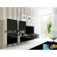 Furniture24 Wohnwand VIGO 23, Desing Mediawand, Modernes Anbauwand mit 3 Türen und 2 Klaptüren, Hängeschrank Tv Lowboard Weiß / Schwarz Hochglanz