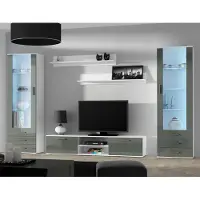 Furniture24 Wohnwand SOHO 4 mit Blauer LED Beleuchtung, Anbauwand, Wohnzimmerschrank, Schrankwand, Vitrine, Lowboard, Hängeregal Weiß/Grau Hochglanz