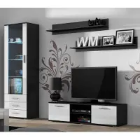 Furniture24 Wohnwand SOHO 7 mit Blauer LED Beleuchtung, Anbauwand, Wohnzimmerschrank, Schrankwand, Vitrine, Lowboard, Hängeregal Schwarz/Weiß Hochglanz