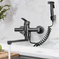 Zimtky Küchenarmatur, Wandmontage, 360° drehbar, mit Brause, 3 Strahlarten, 304 Edelstahl, schwarz, H 15cm, B 19.5cm, Auslauflänge 23cm, G1/2, wassersparend (30% Ersparnis)