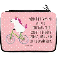Mr. & Mrs. Panda Schlampermäppchen Einhorn Radfahrer - Rot Pastell - Geschenk, Kummer, Unicorn, Federtasche, Federmäppchen, Schreibmappe, Einhörner, Feenstaub, Radfahren