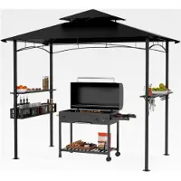 Markenlos Grillpavillon mit Doppelschichtdach, 245 x 153 x 250 cm, wasserabweisend und flammhemmend, inkl. Stauraumkorb, Überdachung für Grillpartys im Garten und auf der Terrasse, Schwarz